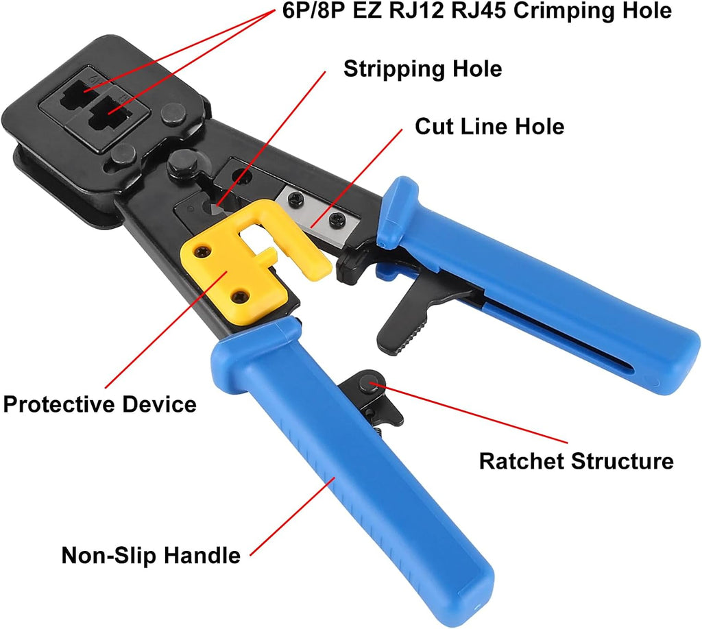 AITRIP RJ45 Crimp Tool Kit Pass Thru Cat5 Cat5e Cat6 RJ45 Crimping Tool with RJ45 Cat6 Pass Through Connectors, Covers,1 Wire Punch Down Cutter,Network Cable Tester - Image 3