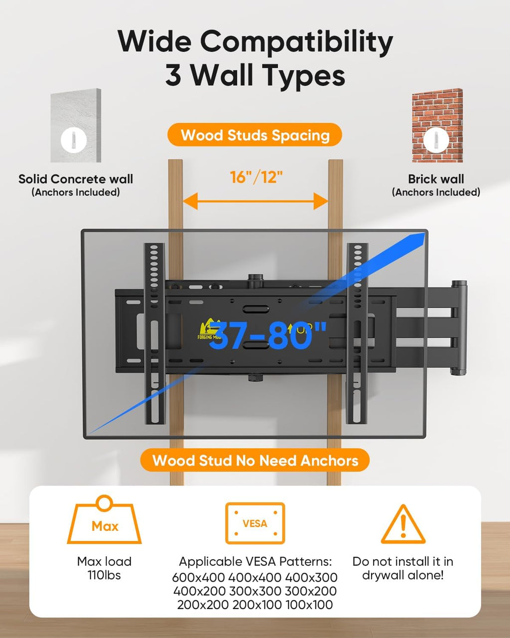 FORGING MOUNT Long Arm TV Wall Mount with Power Strip for 42–80 inch TVs - Image 2