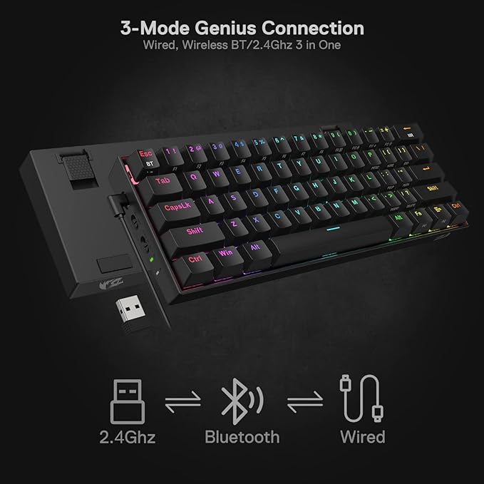 Redragon K530 Pro Draconic 60% Wireless RGB Mechanical Keyboard, BT/2.4Ghz/Wired 3-Mode 61 Keys Compact Gaming Keyboard w/Hot-Swap Socket, Free-Mod Plate Mounted PCB & Tactile Brown Switch - Image 2