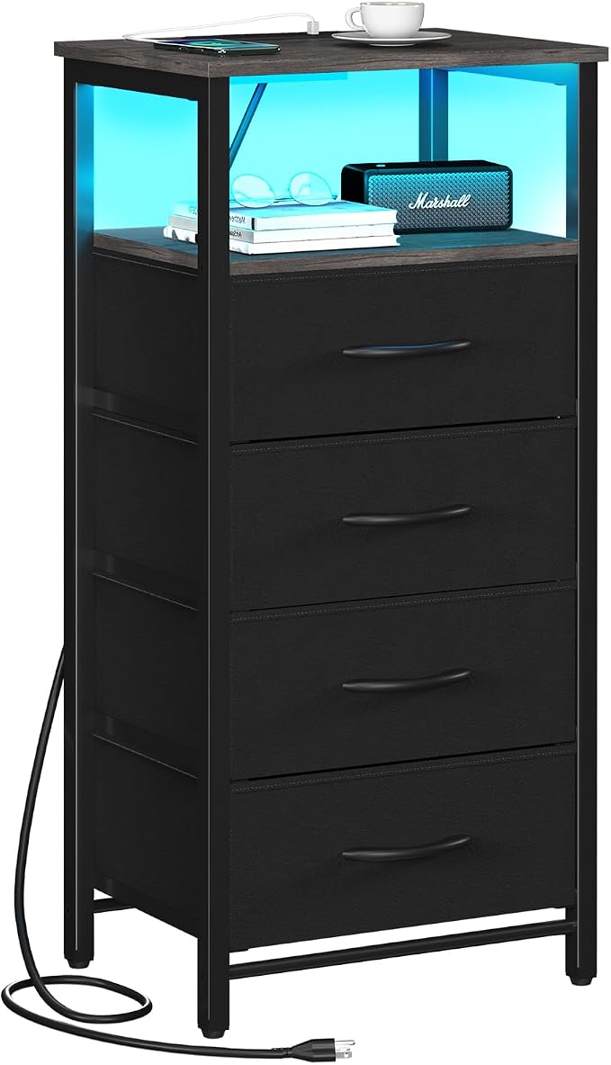 Yoobure Night Stand - LED Nightstand with Charging Station, Bedside Table with 4 Fabric Storage Drawers and Storage Shelf, End Table with USB Ports and Outlets, Tall Nightstand for Bedroom by Yoobure