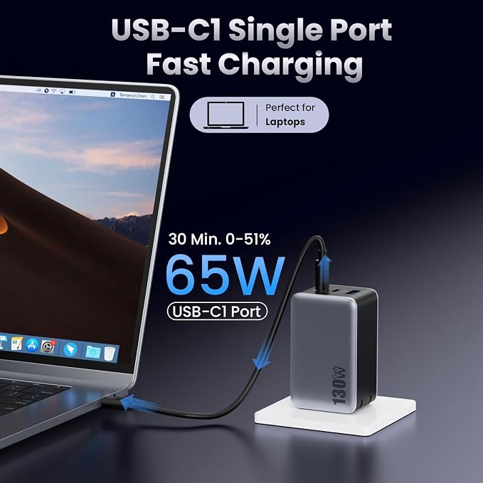 130W USB C Wall Charger,GaN III 3-Port Fast Charging Station,PD QC Foldable Charger Block Portable 65W USB C Laptop Adapter for MacBook Pro/Air,iPad Pro,Galaxy S23,Dell XPS 13,iPhone 17 - Image 2