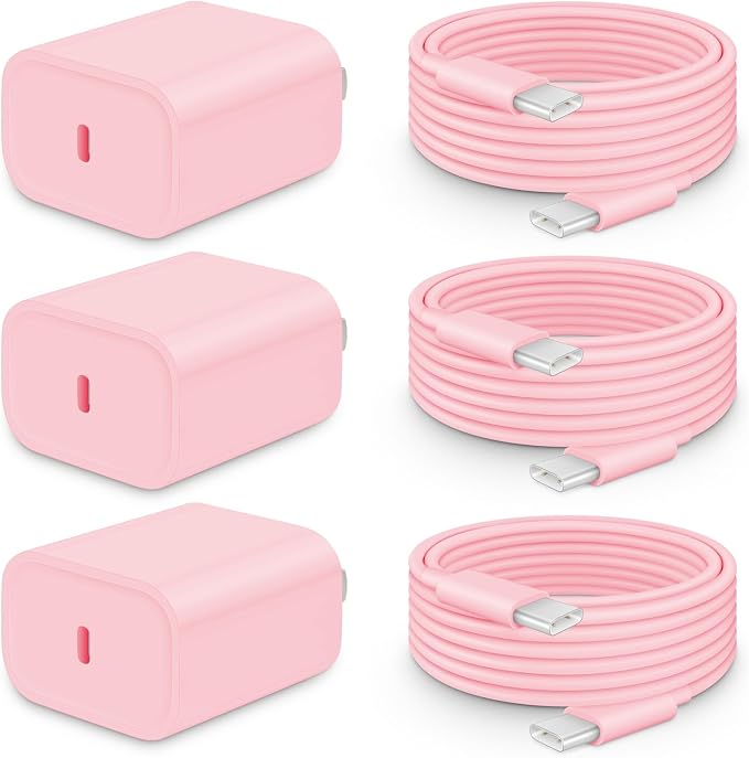 20W Fast Charger for iPhone 17/16/15 with 6FT Cable [3-Pack] - Light Pink | USB-C Wall Charger & C-to-C Cable, Compatible with iPhone 17/16/15 Series, USB-C iPad Pro/Air/Mini & More by CXX