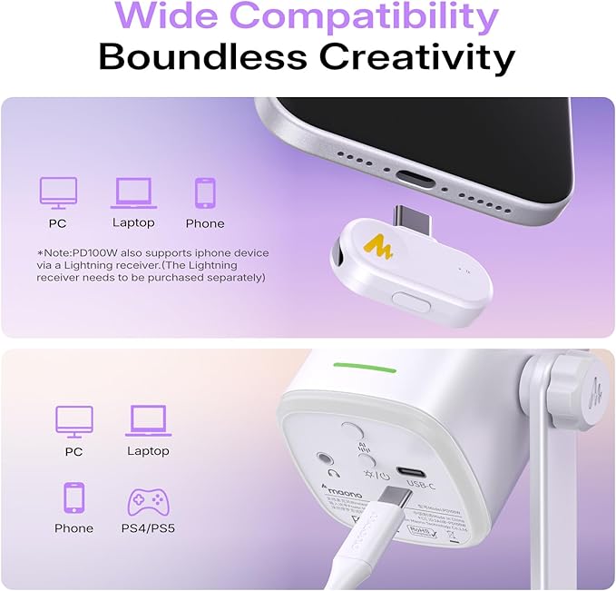 MAONO PD100W Wireless Dynamic Gaming Microphone for PC with USB-C Receiver | One-Click Noise Reduction,Custom RGB,Mute,Monitoring, Companion App,Boom Mic Set for Game Streaming Discord Podcasting, White - Image 4