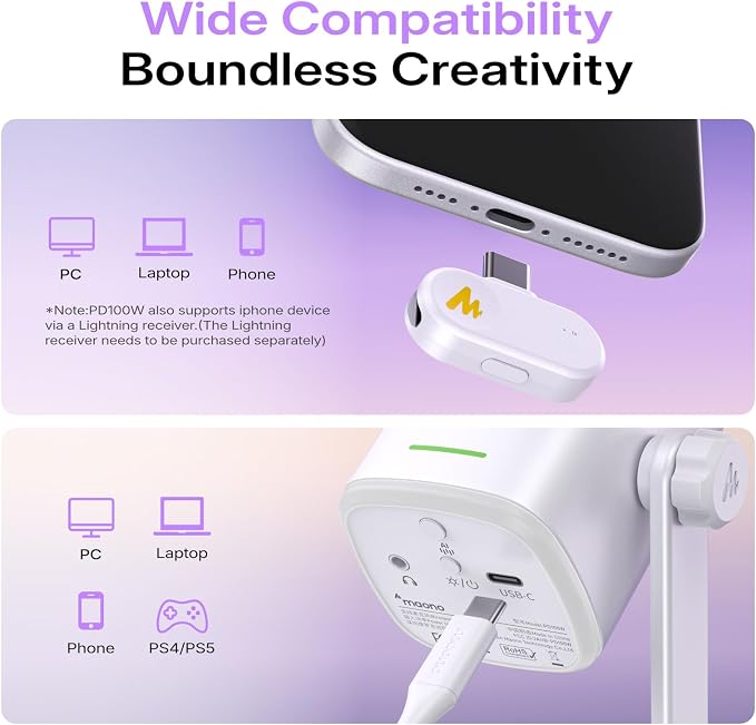 MAONO PD100W Wireless Dynamic Gaming Microphone for PC with USB-C Receiver | One-Click Noise Reduction,Custom RGB,Mute,Monitoring, Companion App,Wireless Desktop Mic for Creator, Stream, Podcast, White - Image 4