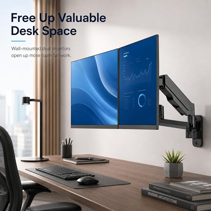 Mount-It! Dual Monitor Wall Mount Bracket - Double Computer Monitor Wall Mount With Two Height Adjustable Full Motion Arms Tilt up to 17" - 32" Inch Screens with 75, 100 VESA Patterns, 19.8 Lb Per Arm - Image 2