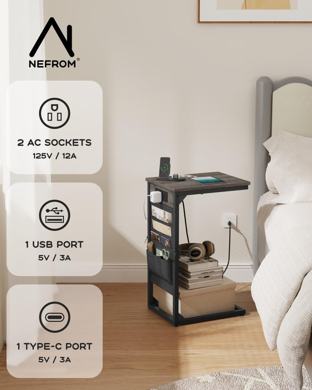C-Shaped End Table with Fast-Charging Station, Small Couch Side Table with Storage Bag, Sofa TV Tray Table for Living Room, Bedroom, Bedside ET-GY-1 - Image 4