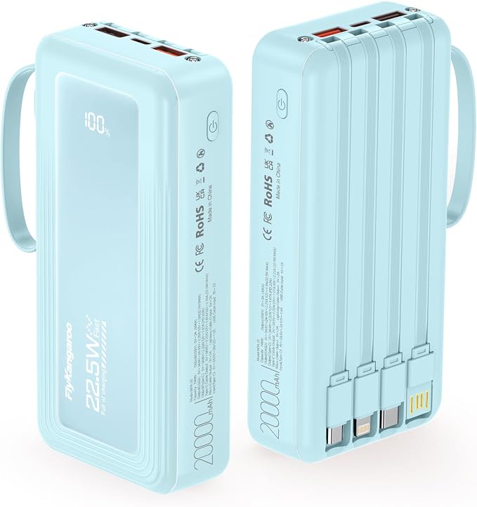 Portable Charger with Built in Cables, Slim 20000mAh Fast Charging 22.5W Power Bank USB C LED Display Battery Pack 6 Outputs & 2 Inputs for iPhone Samsung Pixel LG Moto iPad by FlyKangaroo