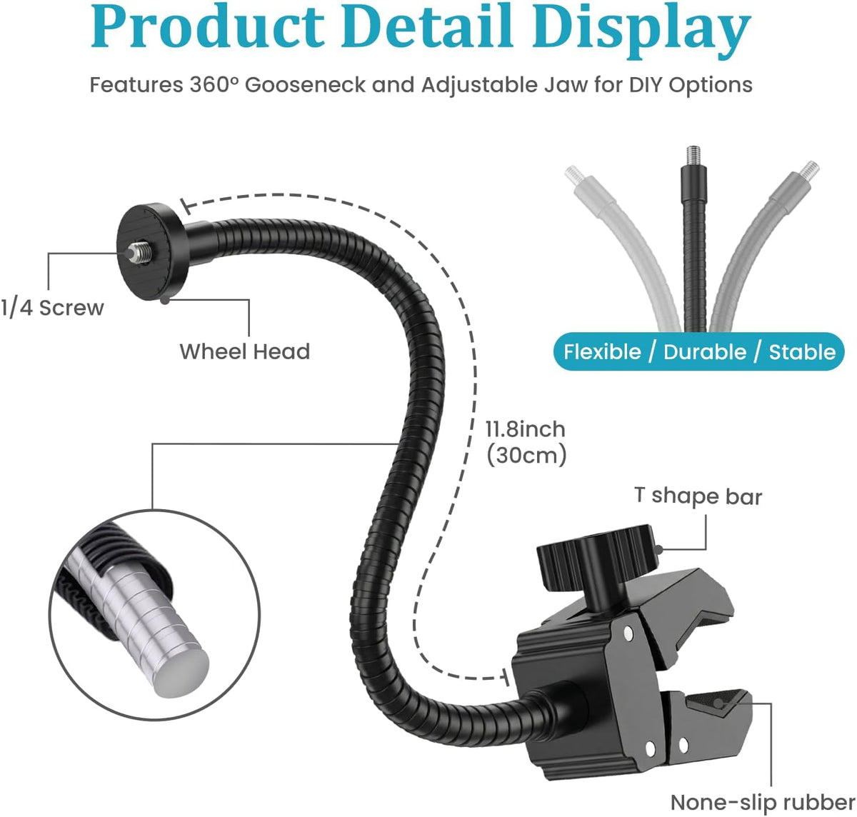 Gooseneck Clamp Camera Mount with 1/4" Screw, Flexible 30cm Arm - Image 3
