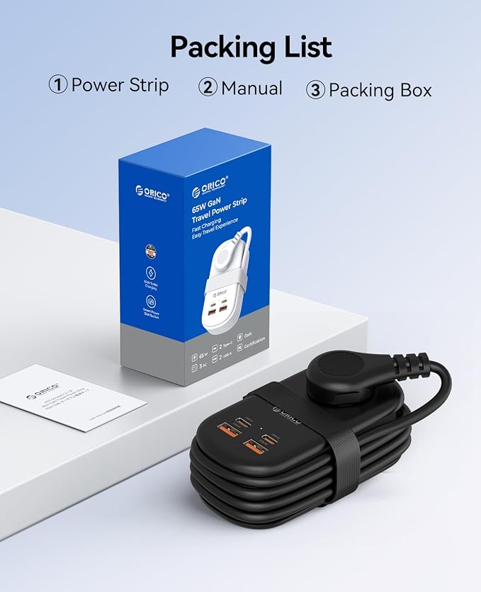 ORICO 65W GaN Travel Power Strip with Flat Plug and 4FT Extension Cord | 7-in-1 Charging Ports (3 AC Outlets/2 USB-A/2 USB-C), Fast Charger for MacBook Pro/Air, iPad Pro, iPhone 17/16/15- AP3 - Image 9