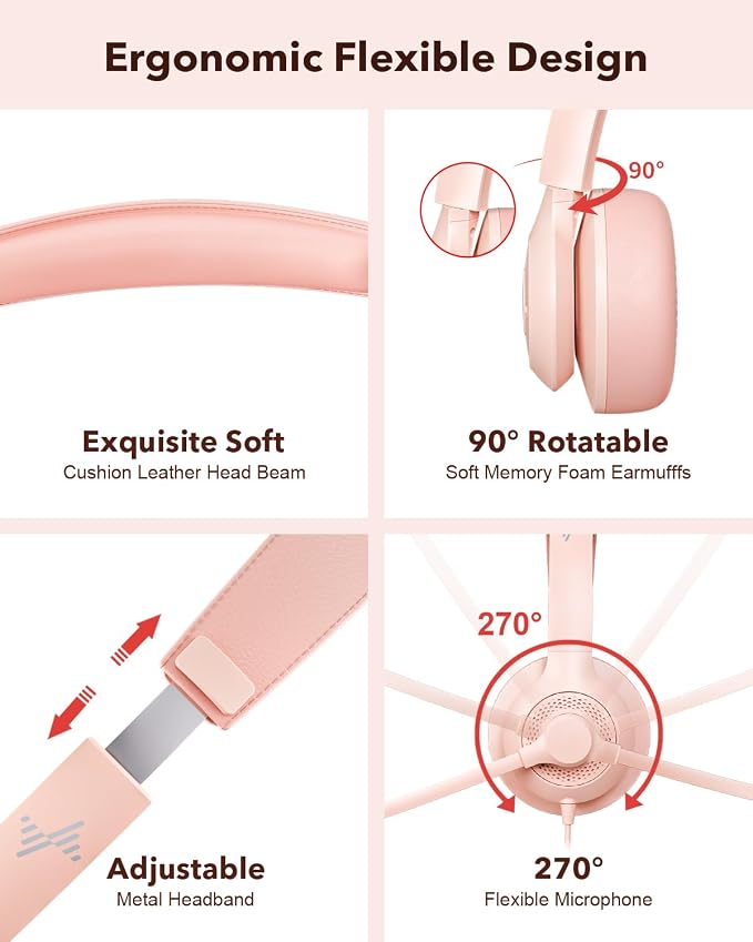 JIAMQISHI USB Headset with Microphone for PC, On-Ear Computer Laptop Headphones with Noise Cancelling Mic in-line Control for Home Office Online Class Zoom (USB+3.5mm, Pink) - Image 4