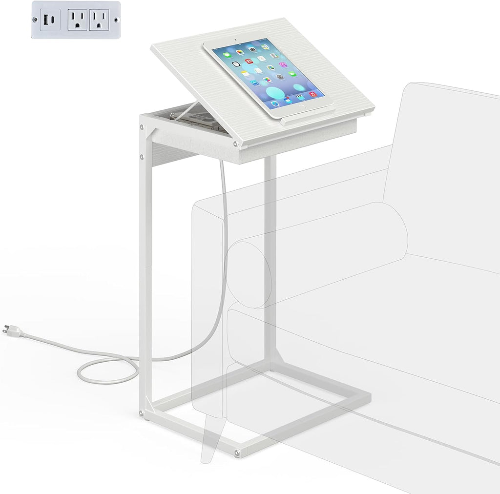 C Shaped End Table with Charging Station, 45° Tiltable Adjustable Flip Top Side Table with Storage,Small C Table for Small Spaces,Slide Under Couch Sofa Bedside Table for Living Room,White by sthmec