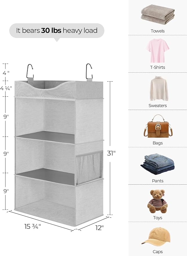 StorageWorks 3-Shelf Hanging Closet Organizer with Half Compartment, Ivory | Add More Storage to Small Closets, a Side Pocket and Half Compartment, Ideal for Bedrooms, Dorms and RVs,Light Grey - Image 3