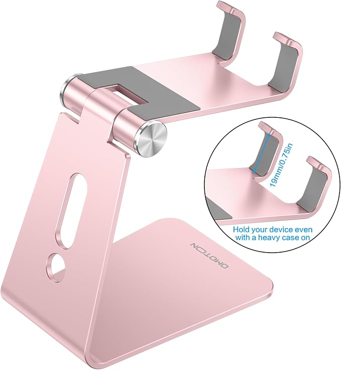 OMOTON Adjustable Cell Phone Stand, C2 Aluminum Desktop Phone Holder Dock Compatible with iPhone 15 14 13 Xs XR 8 Plus 7 6, Samsung Galaxy, Google Pixel, Android Phones, Rose Gold | Sturdy 3mm Aluminum, Charging Port, 270° Adjustable, Non-Slip Silicone... - Image 2