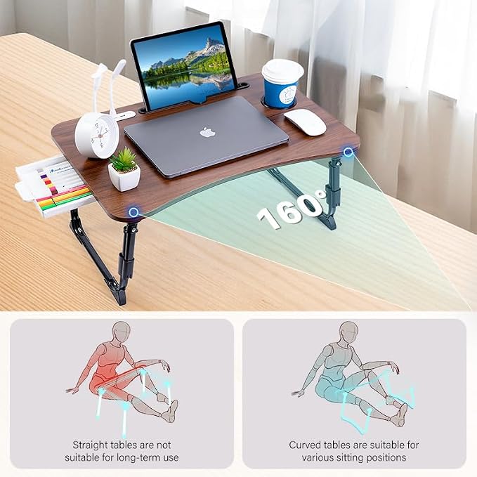 Laptop Desk for Bed, Height Adjustable Laptop Bed Table, Foldable Portable Lap Desk Stand with USB/Storage Drawer/Cup Holder/Slot, Breakfast Tray for Working Reading Writing Eating - Image 8