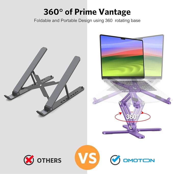 OMOTON LA10 360° Rotating Laptop Stand Riser Foldable for Desk, Purple | Aluminium Aolly, Adjustable Height Angles, Collaborative Work, Easy Storage, Fits Laptops up to 17", for MacBook Pro/Air HP - Image 2