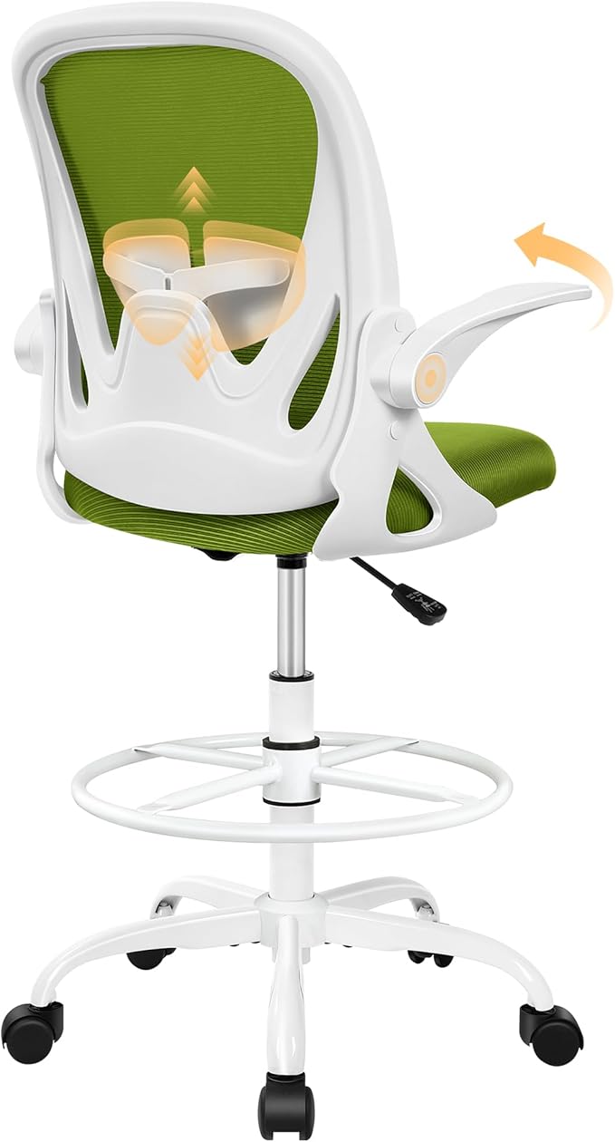 Drafting Chair Tall Office Chair with Flip-up Armrests Executive Ergonomic Computer Standing Desk Chair with Lumbar Support and Adjustable Footrest Ring (AvocadoGreen) by Primy