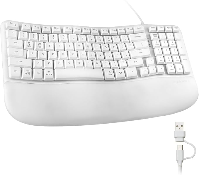 SANWA Wired Ergonomic Keyboard, Curved Wave Keyboard with Cushioned Wrist Rest, Compact Full-Size Layout, USB-A & C Port, 13 Shortcuts Keys, Natural Typing, Compatible with Win/Mac, Laptop, PC, White by SANWA