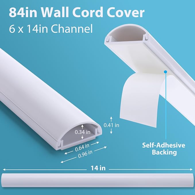ZhiYo 85in Cord Covers for 1-2 Wires on Wall, D-Shaped 1" W x 0.4" H, White | Curved Design, Low-Profile Cord Hider, Self-Adhesive Cable Management Raceway for Wall-Mounted TV Wires, 6 Pack (14.2" Each) - Image 2