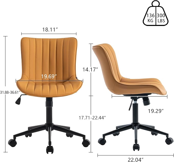 YOUNIKE Office Desk Chair with Wheels Armless Vanity Chair Modern Tan | Faux Leather Upholstered with Rocking Back, Swivel Height Adjustable Small Cute Computer Rolling Task Chair Ergonomic 300lb - Image 2