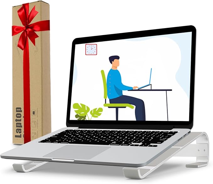Laptop Stand for Desk, Ventilated Aluminum Laptop Riser, Silver | Stable Typing Support, Fixed 17° Angle, 2.5 in Lift, Silicone Pads, Open Airflow, Fits Most 11–16 in Laptops, Tool Included by KYQEE