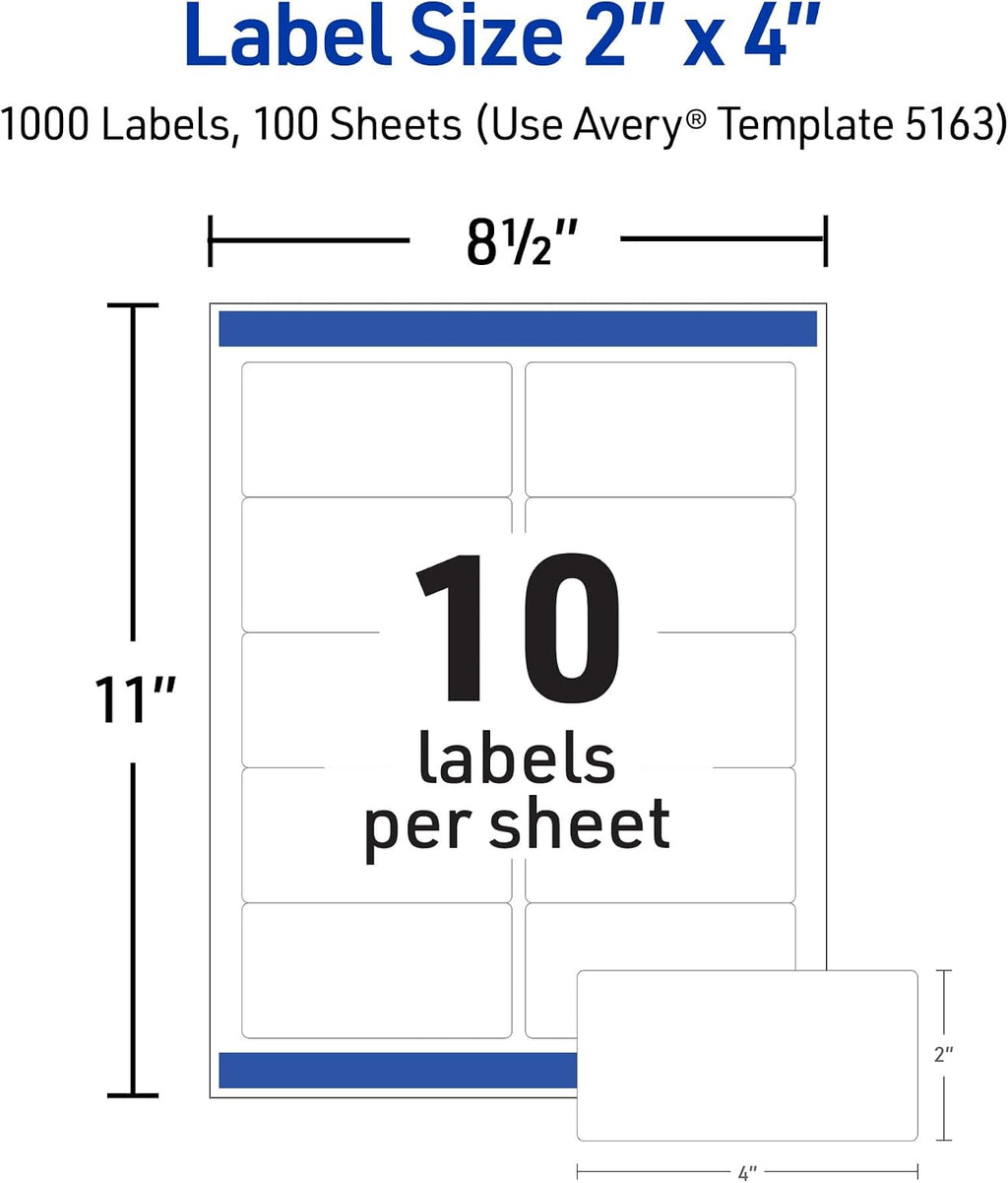 Avery® Printable Shipping Labels, Sure Feed® Technology, Customizable Stickers, White, 1,000 Blank Mailing Labels, Great for Mailing, Shipping, and More (5163), 2" x 4" (Pack of 5) - Image 5