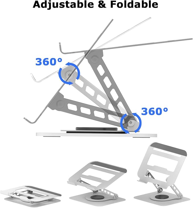 Adjustable Laptop Stand 360°Rotation Computer Riser for Desk, Silver | Fit for MacBook Pro/Air Notebook Up to 16 Inches, Adjustable & Foldable, Stability & Durability, Heat Dissipation Design - Image 4