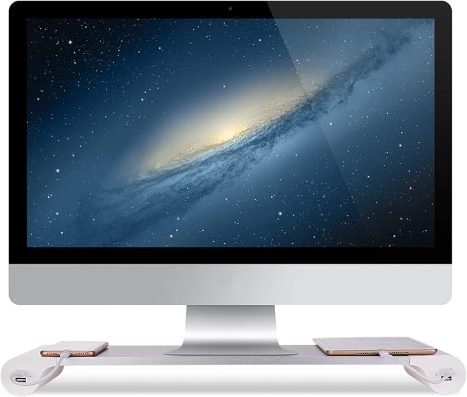 PG Silver Monitor Stand Riser with 4-Port USB Charging ports, Convenient keyboard organiser,Desktop Organizer for Computer, Laptop, TV, Printer - Ergonomic Keyboard Tray & Storage Shelf. - Image 2