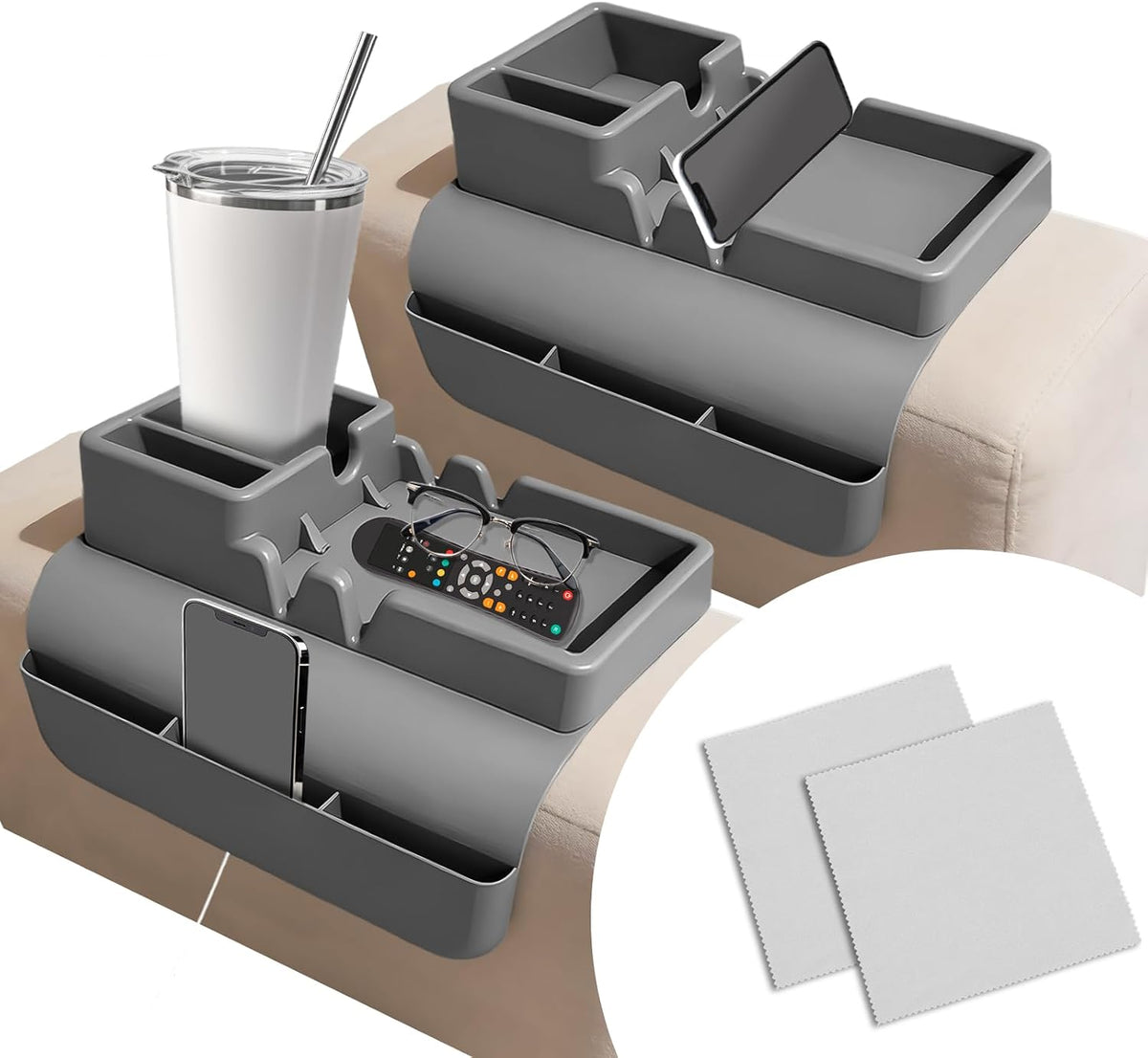 2 PCS Couch Cup Holder Tray, Sofa Armrest Tray with Side Pockets by Vorruil