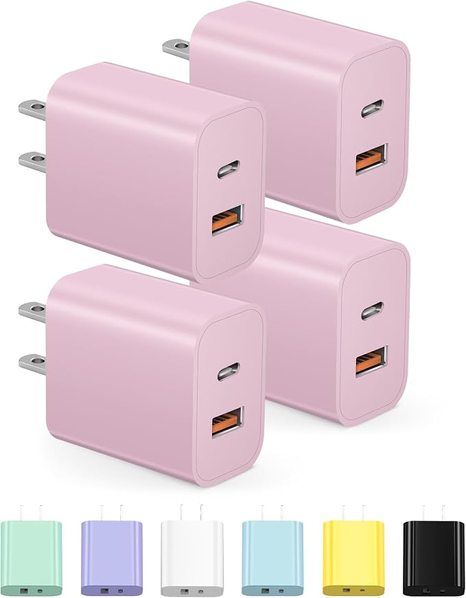[4 Pack] USB C Charger Block Charging Block Type C Charger | 20W Wall Chargers for iPhone Air/17/17 Plus/17 Pro/17 Pro Max/16/16 Plus/16 Pro/16 Pro Max/15/15 Pro/15 Max/14/Samsung(Pink) by STAKCYE