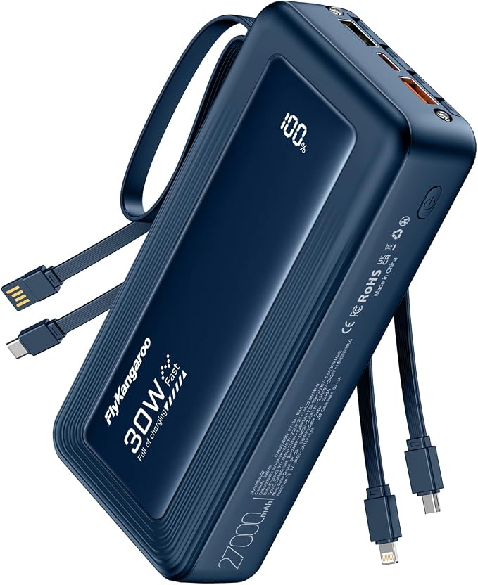 Portable Charger 27000mAh 30W Fast Charging Power Bank | Built-in Cables, LED Display, 6 Outputs & 2 Inputs, USB C Battery Pack, Compatible with iPhone, Samsung, Google by FlyKangaroo