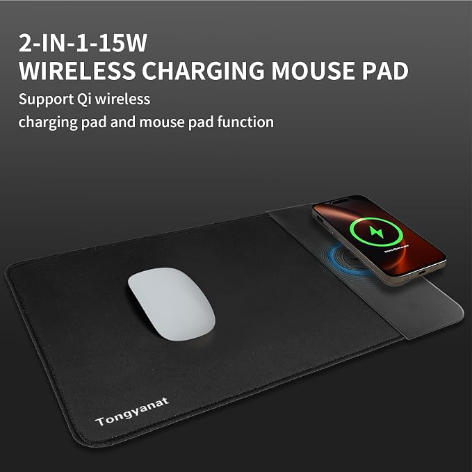 15W Wireless Charging Mouse Pad, 2 in 1 Desk Pad with Non-Slip Rubber Base, Fast Qi Wireless Charger for iPhone/Computers/Home Charging Devices, 12.8 * 8.5in Mouse Pad - Blue - Image 2