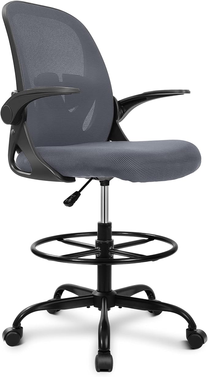 Drafting Chair Tall Office Chair with Flip-up Armrests Executive Ergonomic Computer Standing Desk Chair with Lumbar Support and Adjustable Footrest Ring（Dark Gray） by Primy
