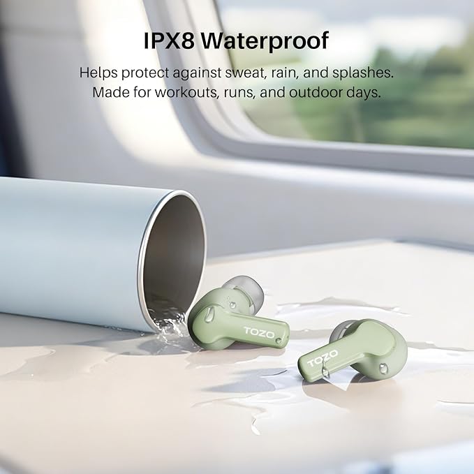 TOZO Hybrid Active Noise Cancelling in Ear Wireless Earbuds, 68H Playtime | 6 Mics AI Clear Calls, LED Display, 32 Preset EQs App, Bluetooth 5.3 Headphones, IPX8 Waterproof, Comfort Fit Ear Buds Green - Image 9