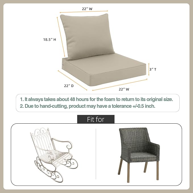 Favoyard Outdoor Patio Seat Cushions Set, 22 x 22 Inch, Waterproof, Beige | Fade-Resistant, Removable Cover, Deep Seat & Back Cushion, Tie Straps for Patio Furniture, Garden, Rocking Chair, Sofa Couch - Image 2