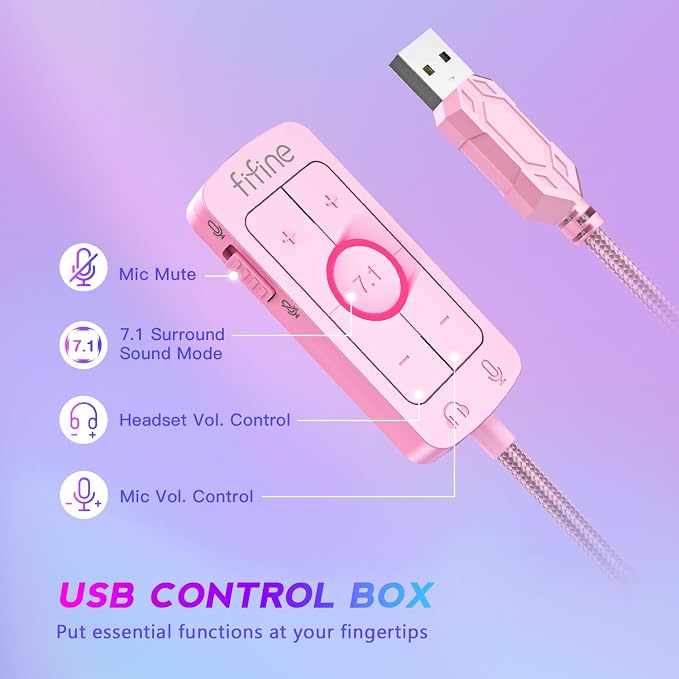FIFINE USB Gaming Headset, PC Over-Ear Wired Streaming Headset with 3.5mm Jack, Detachable Microphone, 7.1 Surround Sound, Control Box, Passive Noise Cancellation, for PS5/Xbox/Switch-H9 Pink | Balanced Audio, 7.1 Surround Sound, Total 10ft Long Cable,... - Image 6