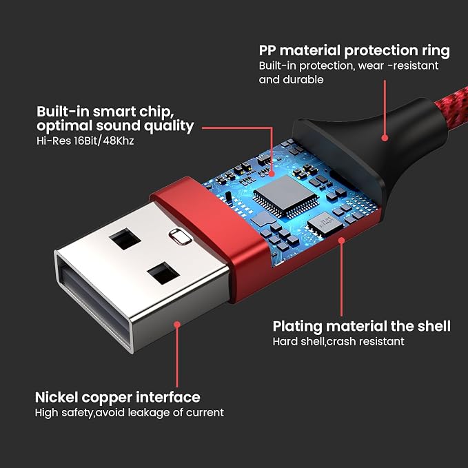 MOSWAG USB to 3.5mm Jack Audio Adapter, USB to Aux Cable with TRRS 4-Pole Mic-Supported PC Headphone AUX Adapter External Sound Card for PC PS4 PS5 and More (0.65Ft/20cm(2pack), Red) - Image 6
