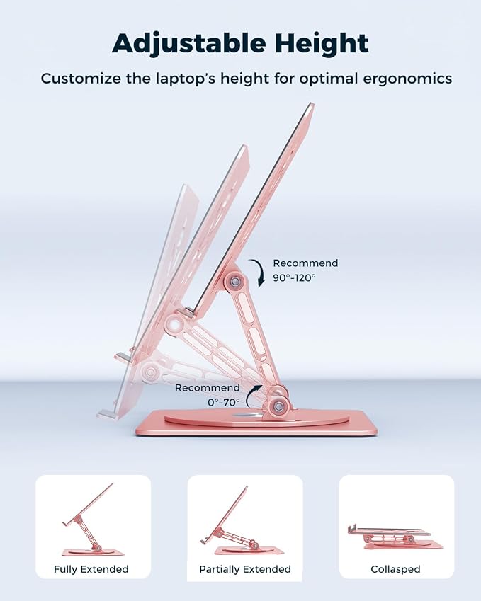 Aoviho 360° Rotating Laptop Stand for Desk | Adjustable, Foldable, Portable Aluminum Ergonomic Riser | Compatible with MacBook, Dell, HP & All Laptops 10-16 inch | Rose Gold - Image 5