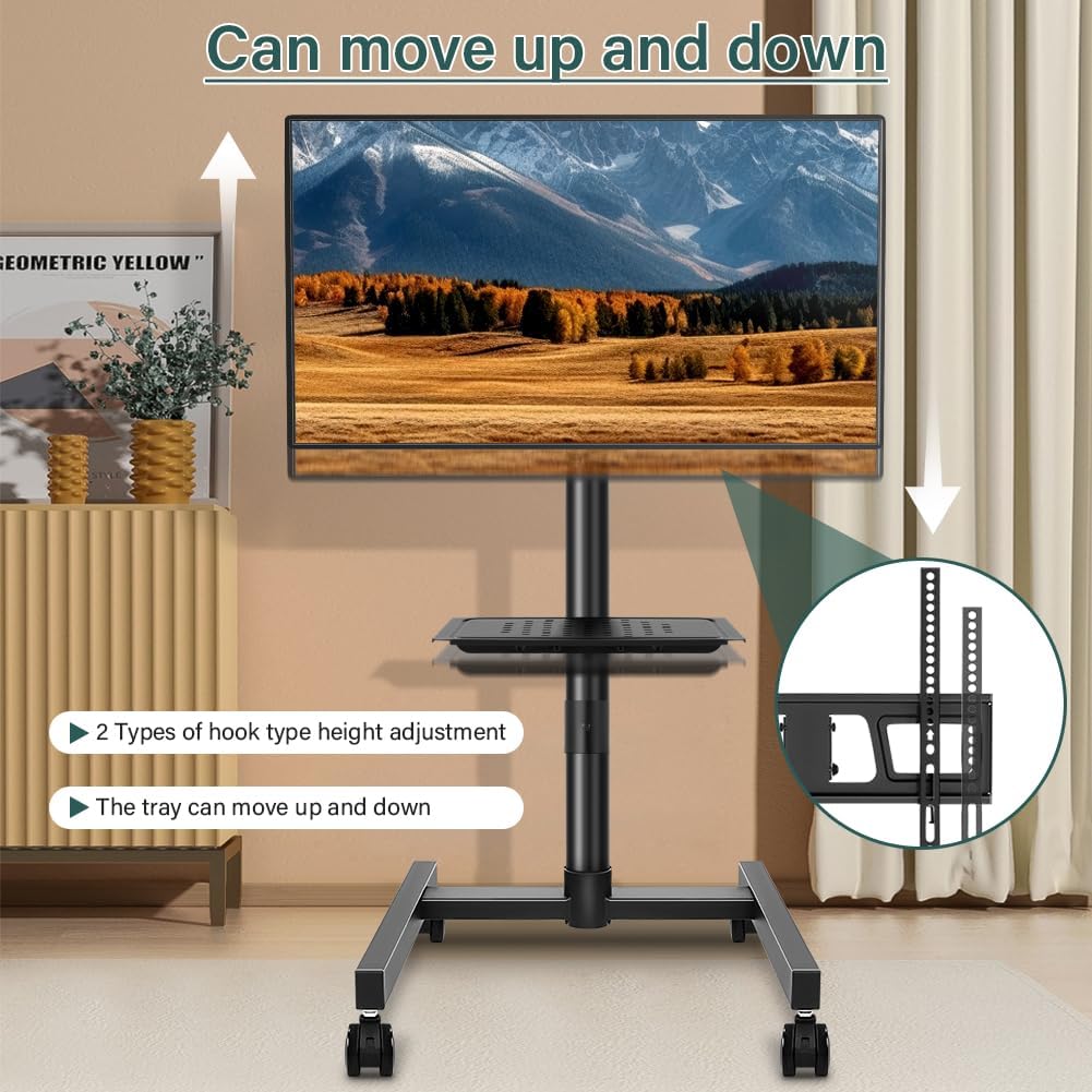 BFTOU Rolling TV Stand with Wheels for 32-55Inch Screens up to 55lbs Mobile TV Stand with Shelf Height Adjustable Mobile TV Cart Max VESA 400x400mm, Black - Image 4