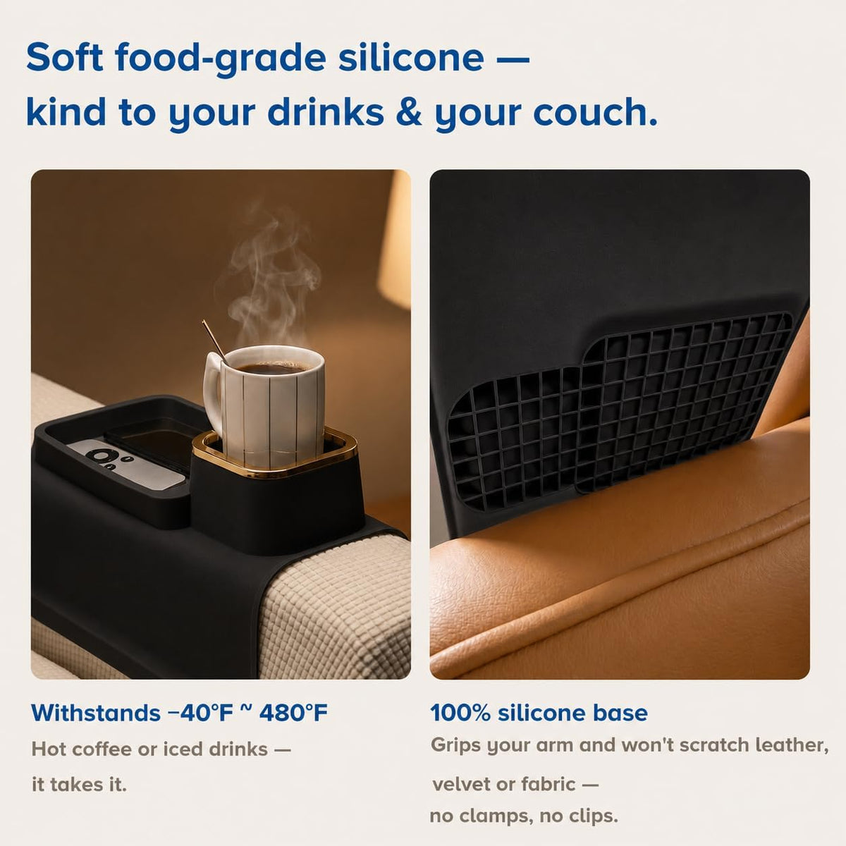 Couch Cup Holder Tray, Elimiko Silicone Anti-Spill and Anti-Slip Couch Drink Holder, Strong and Weighted Phone/Remote/Snacks Sofa Cup Holder (Black) - Image 6