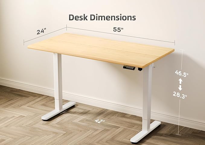 Claiks Electric Height Adjustable Standing Desk, 55x24 Inch, Bamboo | Smooth Height Adjustment, 3 Memory Presets, Cable Management Hub&Hook, Stable Steel Frame, 176lbs Capacity, Easy Assembly - Image 3