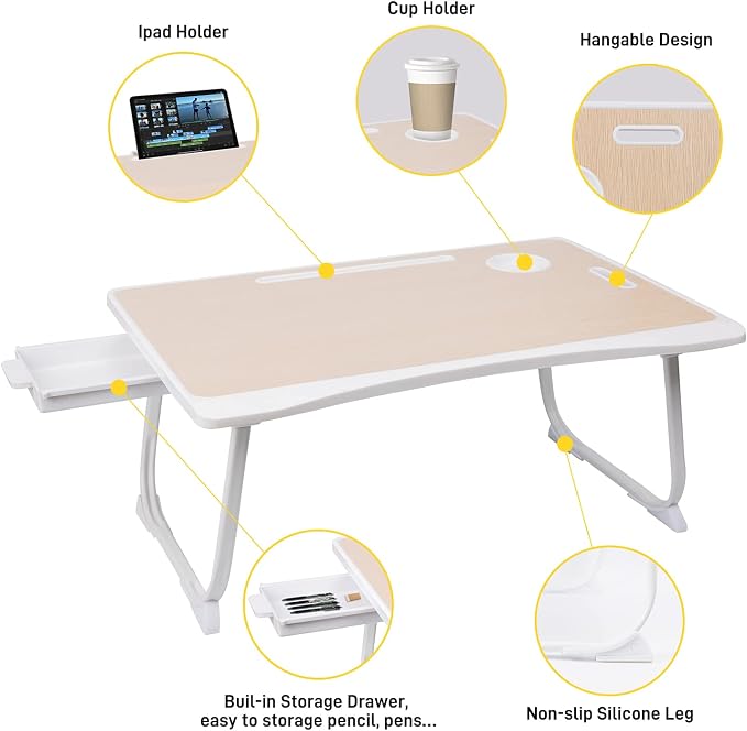 Amaredom Laptop Bed Desk Tray Bed Table, Foldable Portable Lap Desk Notebook Stand Reading Holder with Storage Drawer and Cup Holder for Eating Breakfast on Bed/Couch/Sofa-White Oak - Image 3