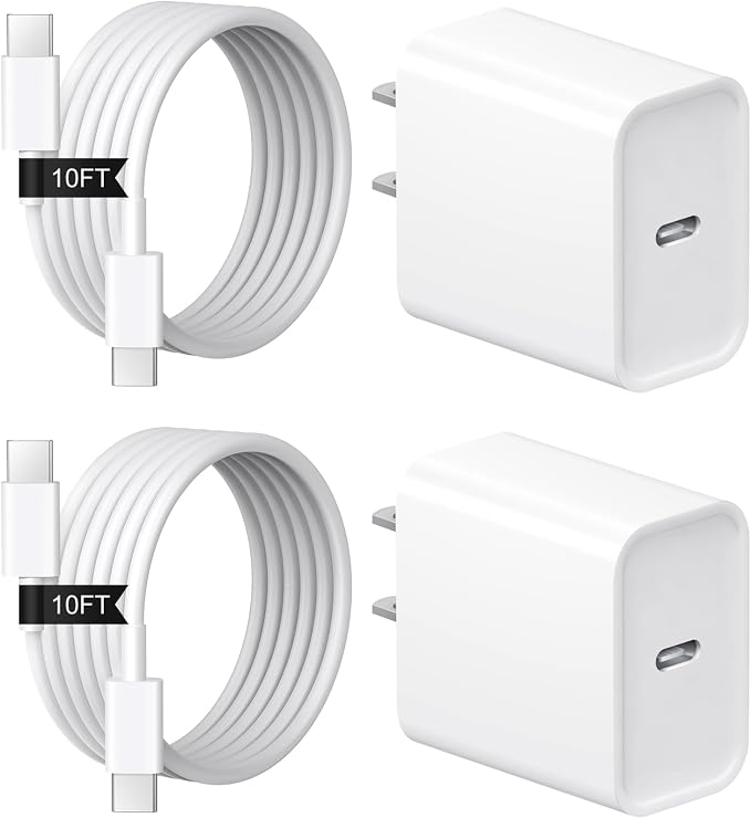 iPhone 17 16 15 Charger Fast Charging 2+2Pack 20W USB C Wall Charger with Extra Long 10FT Fast Charging Cable Compatible with iPhone 17/17 Air/17 Pro/17 Pro Max/iPhone 16/15 Series, iPad Pro/AirPods by Coreykin
