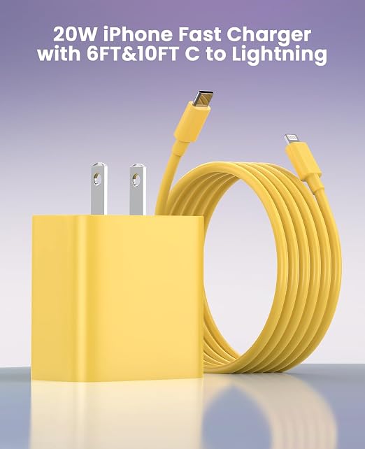 iPhone Charger Fast Charging, USB C Charger Block, 6FT/10FT Lightning Cable | For Apple iPhone 14/13/12/11 Series, 2-Pack USB C to Lightning Cables, AirPods with Lightning Charging Case,Yellow - Image 4