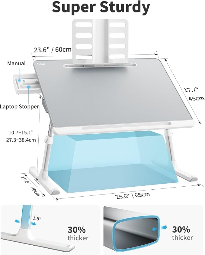 Laptop Lap Desk for Bed, SAIJI X-Large Adjustable Laptop Table | XXL-Extra Large, Foldable Laptop Stand for Bed, with Storage Drawer & Bookstand, for Eating, Working, Gaming, Drawing - Image 3