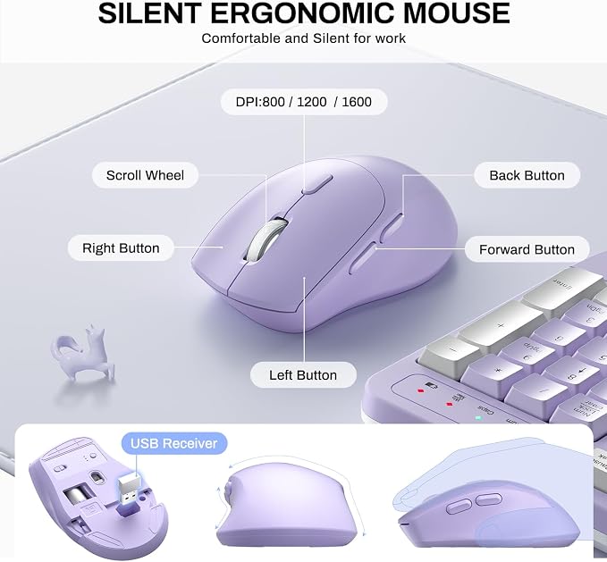 Wireless Keyboard and Mouse Combo,2.4G Ergonomic Wave Keys(Purple-A) | Full Size Cordless Keyboard with Wrist Rest,3-Level DPI Ergonomic Mouse for Office and Home,Windows/Mac OS/Desktop/Laptop/PC - Image 7