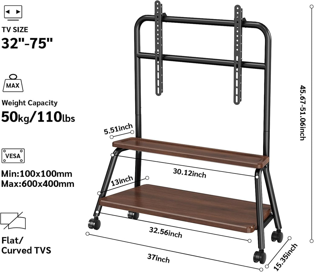 Mobile TV Stand on Wheels, Heavy-Duty Rolling TV Cart for 32-75 Inch TVs (Walnut, 32-75inch) - Image 2