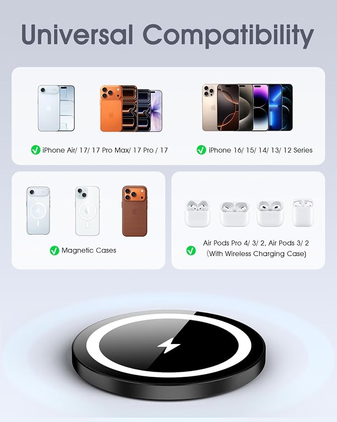 for Apple Mag-Safe Charger 2 Pack, Magnetic Wireless Charger, Black | Made for iPhone 17/17 Pro/17 Pro Max/Air/16 15 14 13 12 Pro Max Plus mini, Charging Pad for Airpods Pro 3 2,Strong Magnet - Image 6