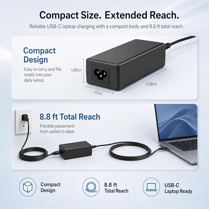 45W USB C Chromebook Charger, Type C Laptop Charger Replacement Compatible with Acer Chromebook 315/311, HP Dell Lenovo Samsung Google, PD Power Adapter with 8.8FT Cord - Image 8
