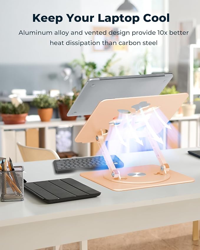 Aoviho 360° Rotating Laptop Stand for Desk | Adjustable, Foldable, Portable Aluminum Ergonomic Riser | Compatible with MacBook, Dell, HP & All Laptops 10-16 inch | Gold - Image 4