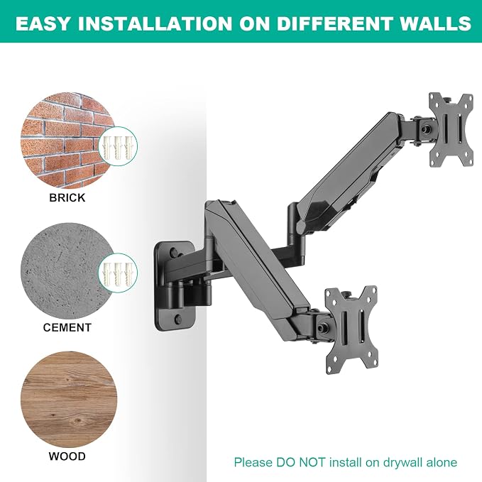 UPGRAVITY Dual Monitor Wall Mount for Two 17-32 inch Flat Computer Screens | Height Adjustable Gas Spring Double Monitor Wall Mounted Bracket Arms Hold up to 17.6lbs, VESA 75/100mm - Image 6